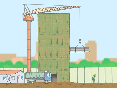 マンション新築工事において、クライミング式ジブクレーンのジブが外部枠組足場と接触し、折損