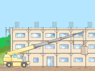 荷下ろし作業中にホイールクレーンが転倒