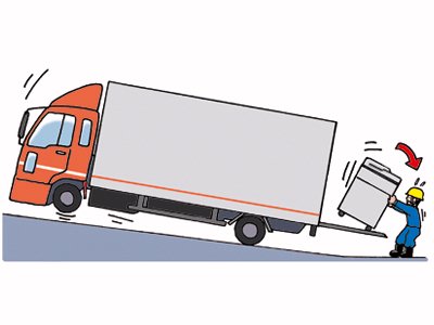 荷降ろし中、トラックのテールゲートから荷が落下し、下敷きになる