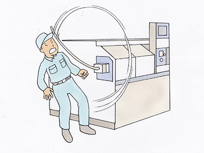 NC旋盤を使用してねじ切削加工していたところ、回転による遠心力で突出したパイプが変形し、被災者の頭部に激突した