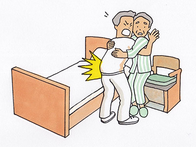利用者を抱きかかえ、ベッドに寝かせようとしたところ、腰部に痛みを感じた