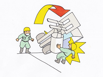 偏荷重となったフォークリフトが転倒し、誘導していた被災者が下敷きとなった