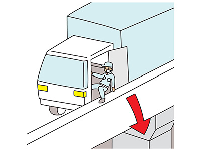 被災者がトレーラーを路肩フェンスすれすれに停車し左側ドアから降りたところ、路肩フェンスを越えて高架下約20mに墜落し死亡。