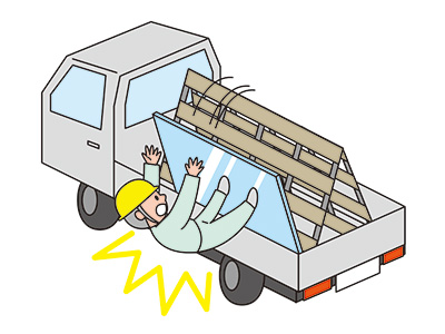 トラックの荷台で、器具が壊れて倒れたパレットとともに荷台から墜落し、地面とパレットの間に挟まれ死亡した。