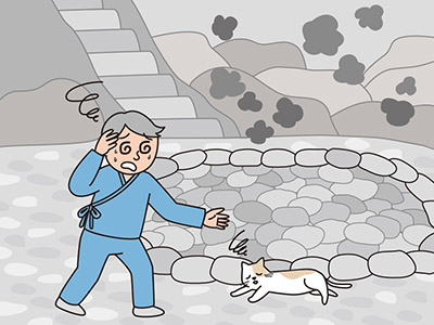 猫を救助するために岩風呂遺構内に入り、高濃度の二酸化炭素および低濃度の酸素によって低酸素脳症で死亡した。