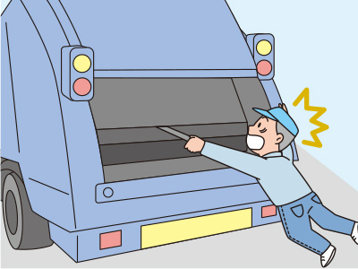 粉砕済み段ボールを圧縮式ごみ収集車に積み込む作業中に、投入口内部で回転している板に全身をはさまれ死亡した