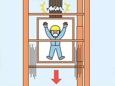 大型クレーンに設置されているエレベーターに乗って降下中、エレベーターのワイヤロープが破断し搬器が落下して両足を骨折した