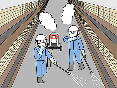 農場の家畜舎内で、噴霧器を使った消毒作業中に、塩素系消毒剤の中毒症状を起こした