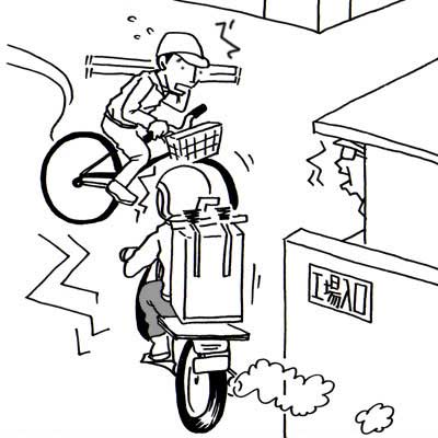 自転車で片手に蛍光灯を持って移動中バイクに激突された