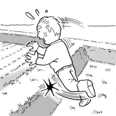 田んぼのあぜを上ろうとして転倒しそうになった