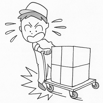 商品を積載したパレット台車の方向を転換する際、旋回した車輪に足を挟まれそうになった