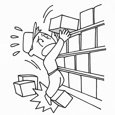 商品箱を降ろそうとしたところ、足元の箱につまずき転倒しそうになった