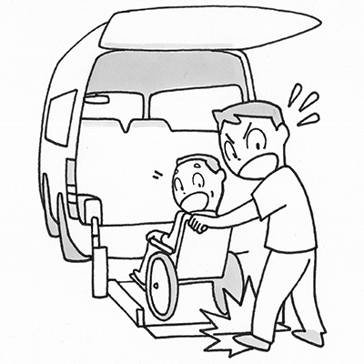 車いすの利用者の降車介助の際、リフトと地面の間に足の爪先を挟みそうになった