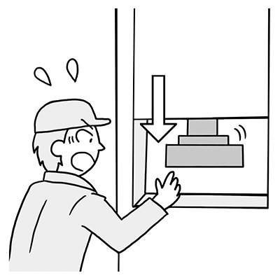樹脂粉末のプレス成型作業で、プレスが下降中にプレス台に手を入れて、はさまれそうになった
