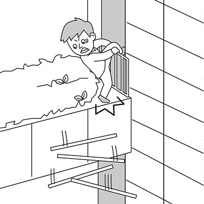 柵を乗り越えてビル清掃道具を渡そうとしたところ、1階から地下1階の吹き抜けに落ちそうになった