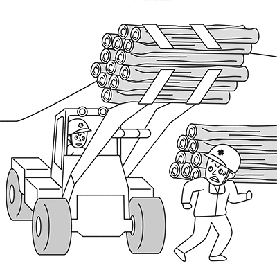 丸太を運搬中のホイールローダーにひかれそうになった