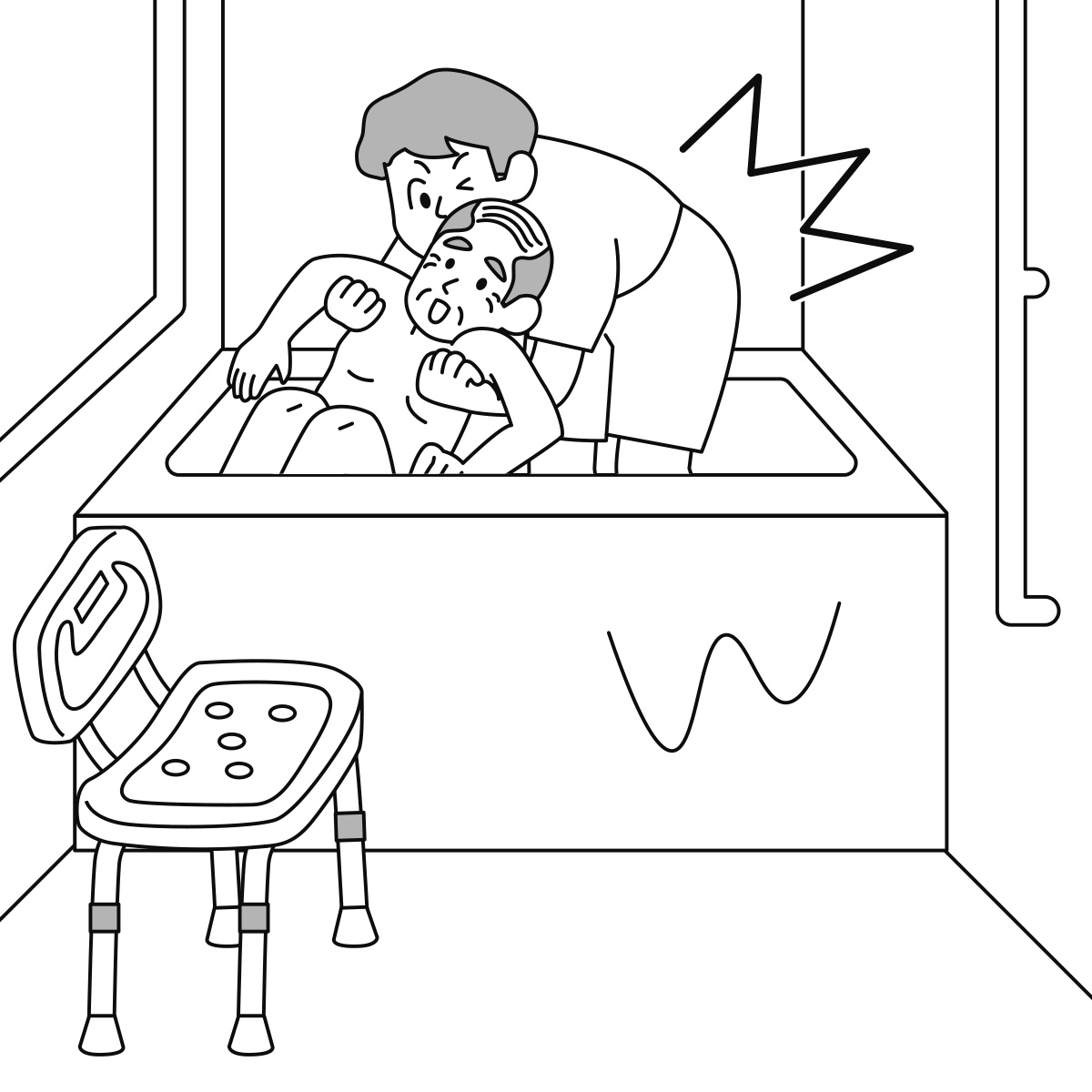 入浴介助中、利用者を抱えて浴槽の中で立ち上がろうとしたとき、腰を痛めそうになった