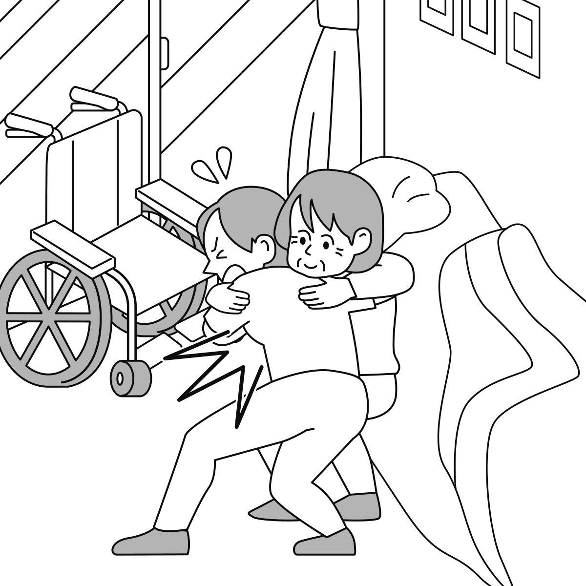 起床介助中、利用者を床から車椅子に移乗するときに、無理な体勢で抱えたため肋骨を痛めそうになった