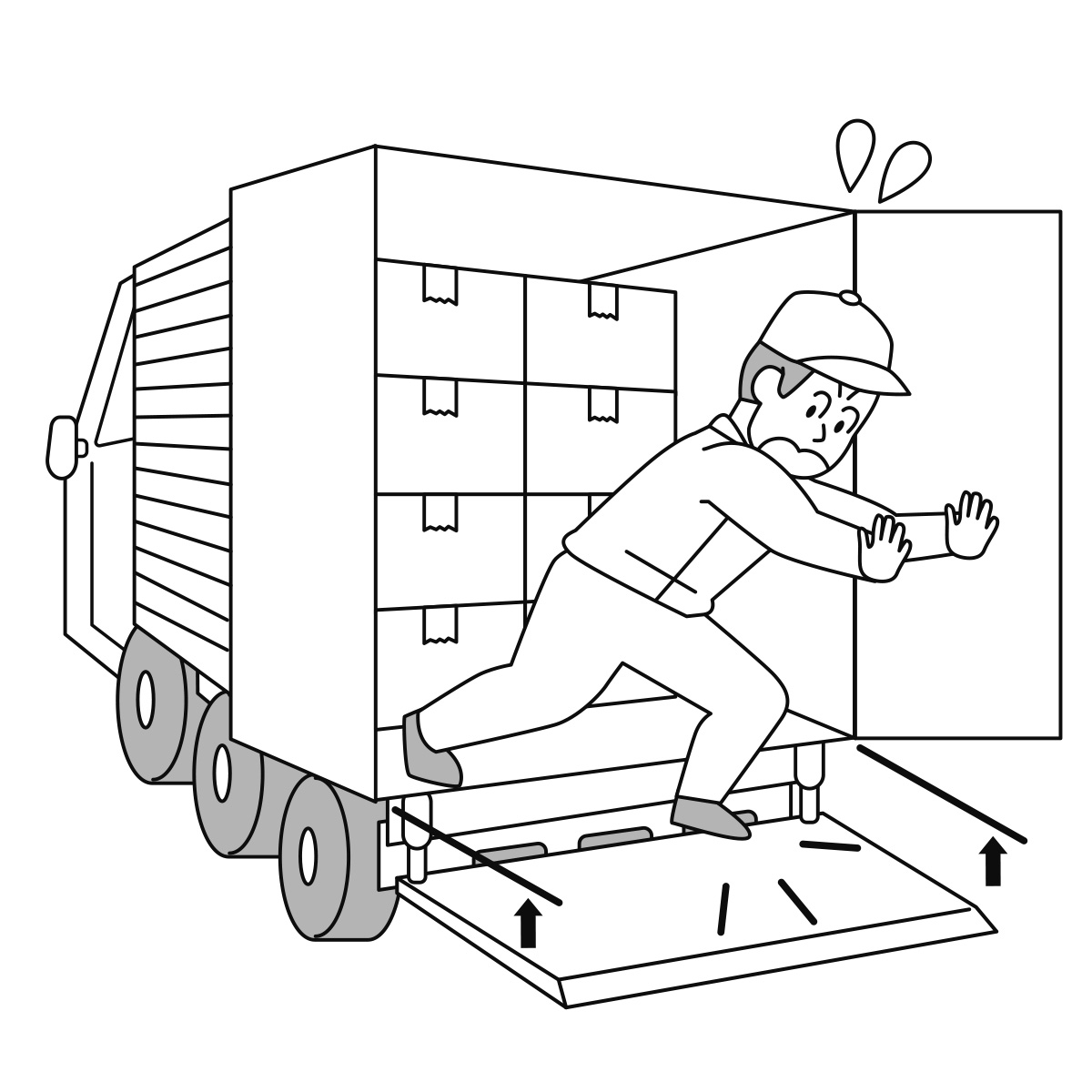 トラックの荷台で作業を終えて降りようとしたところ、テールゲートリフター（昇降機）から転落しそうになった