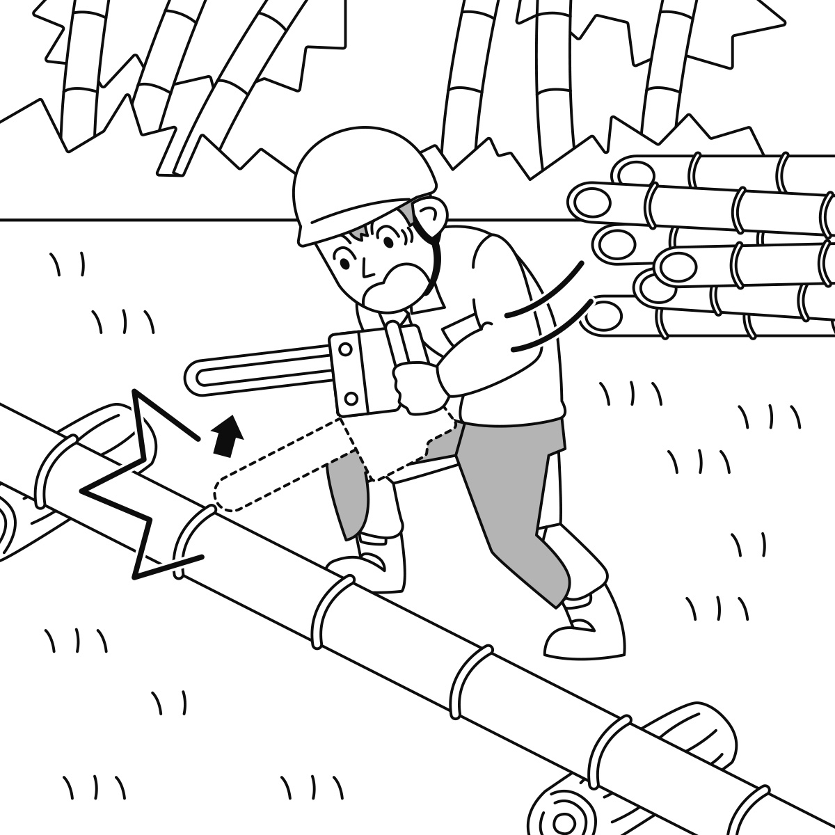 竹林で間伐作業中、チェンソーがキックバック（跳ね上げ）を起こし、右足を負傷しそうになった