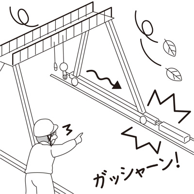 橋形クレーンが風で逸走しそうになった